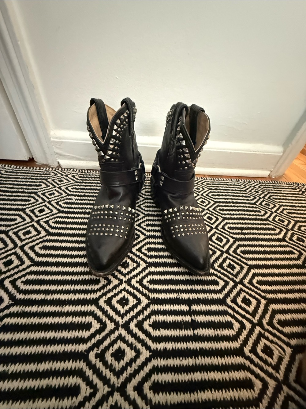 Frye Black Studded Pointed-Toe Western Ankle Boots